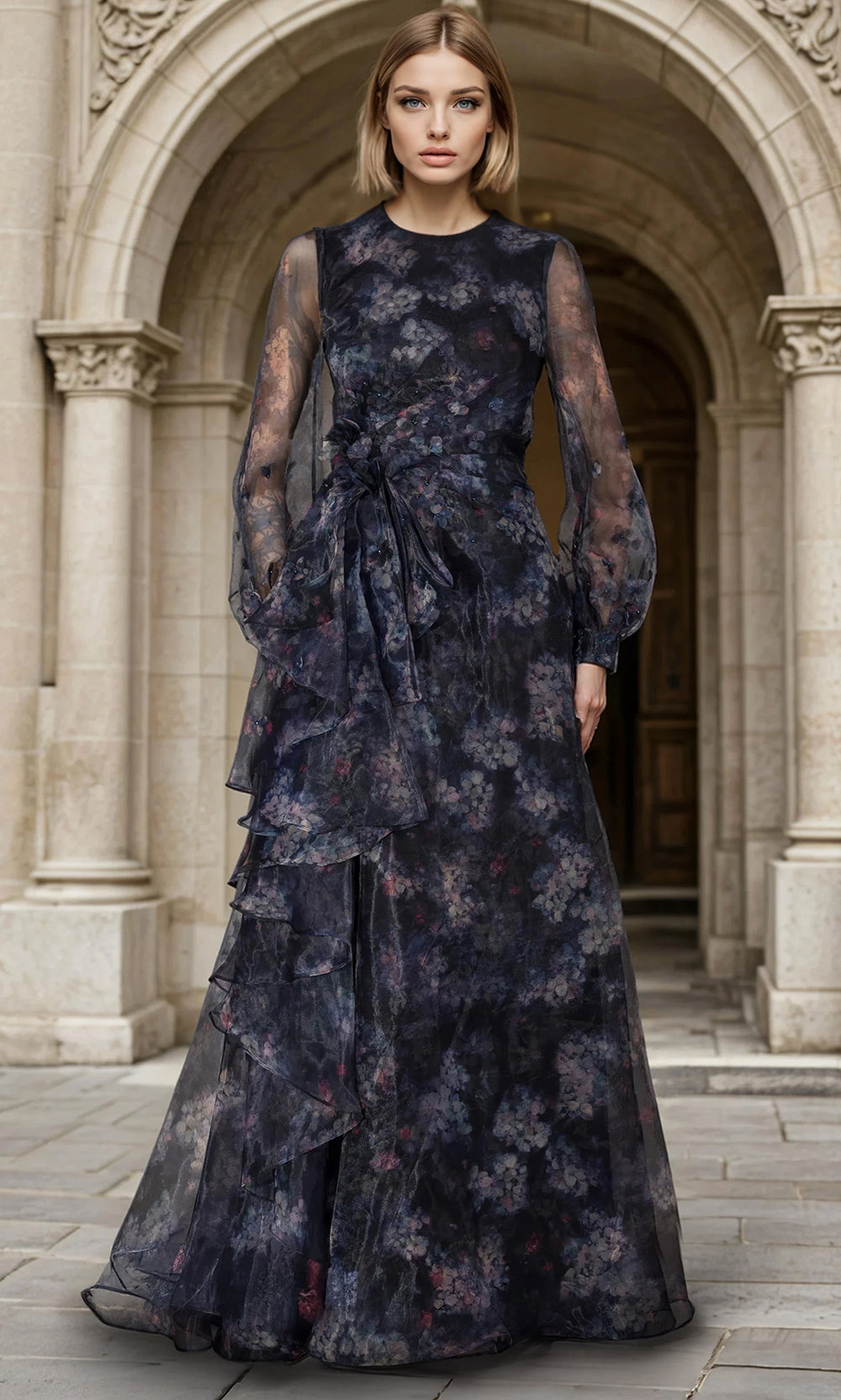 Janique W3039 - Draped Ruffle Sheer Floral Evening Dress Formal Gowns