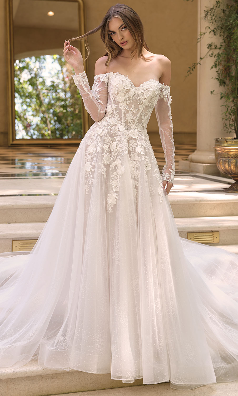 Andrea and Leo WL067 - Off Shoulder Embroidered Floral Ballgown Bridal Gowns in Off White Nude