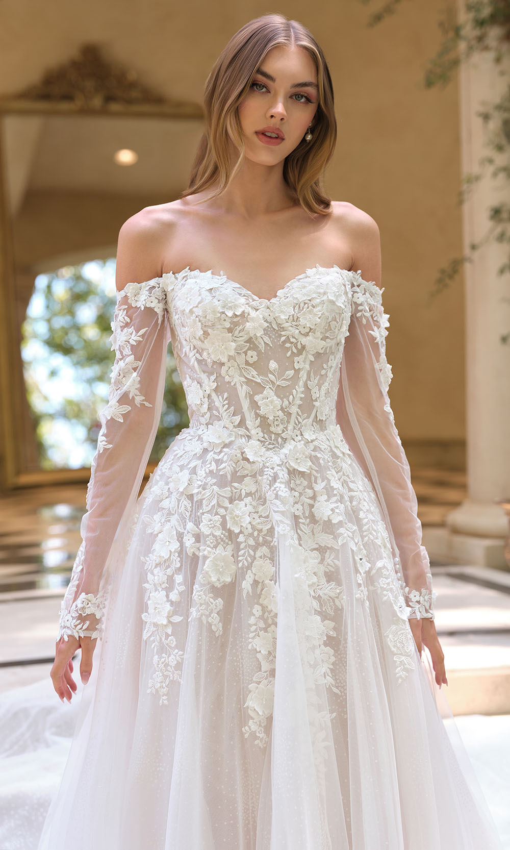 Andrea and Leo WL067 - Off Shoulder Embroidered Floral Ballgown Bridal Gowns in Off White Nude