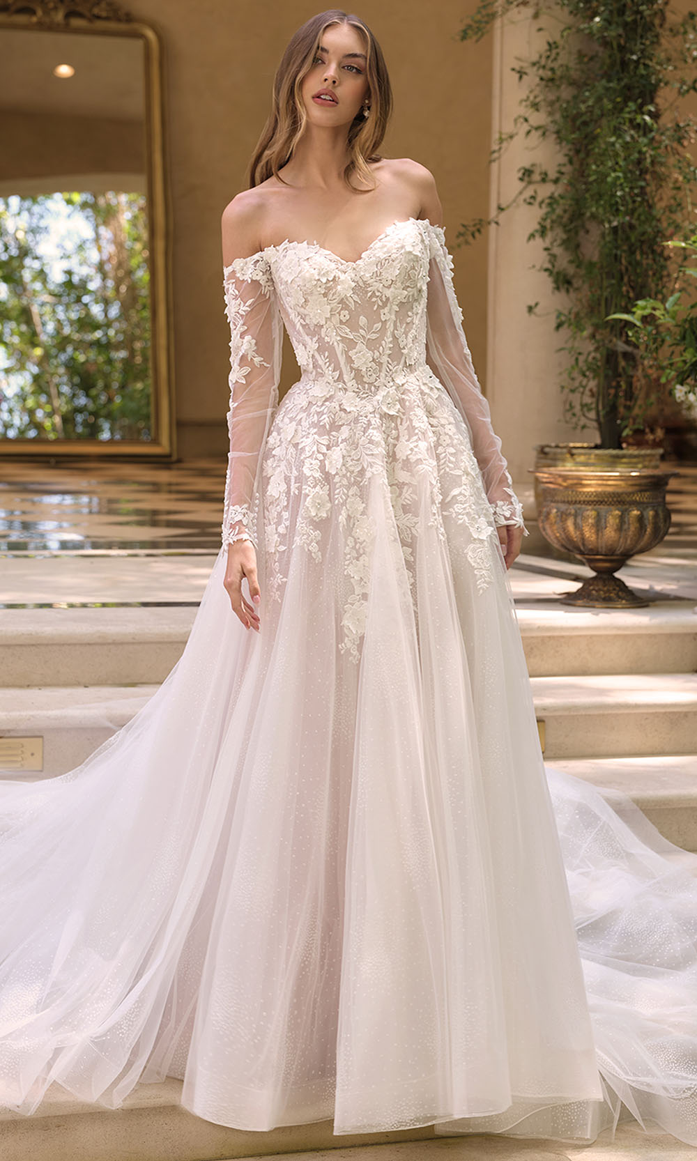 Andrea and Leo WL067 - Off Shoulder Embroidered Floral Ballgown Bridal Gowns in Off White Nude