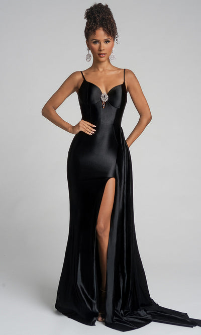 Portia and Scarlett XO037 - Fitted V-Neckline Dress With Beaded Brooch Prom Dresses