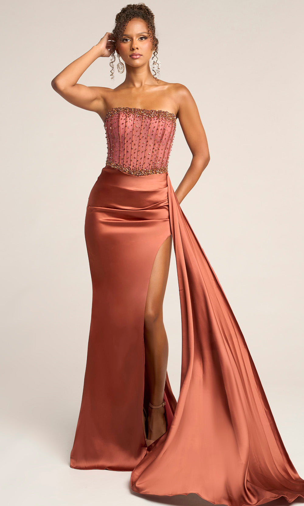 Portia and Scarlett XO040 - Beaded Corset Long Dress With Side Drape Prom Dresses