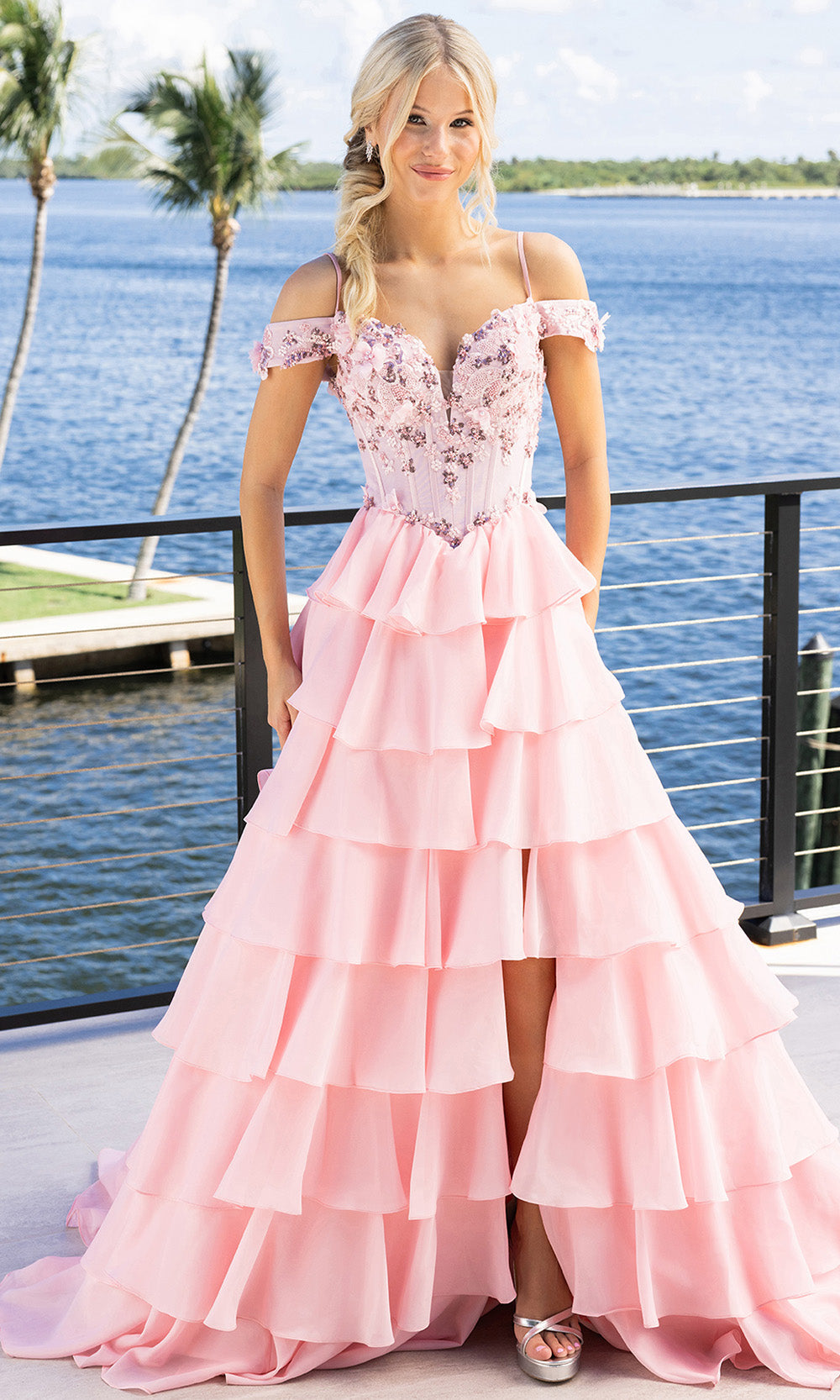 Portia and Scarlett XO171 - Off-Shoulder Tiered Ruffle Prom Gown Prom Dresses in Pink
