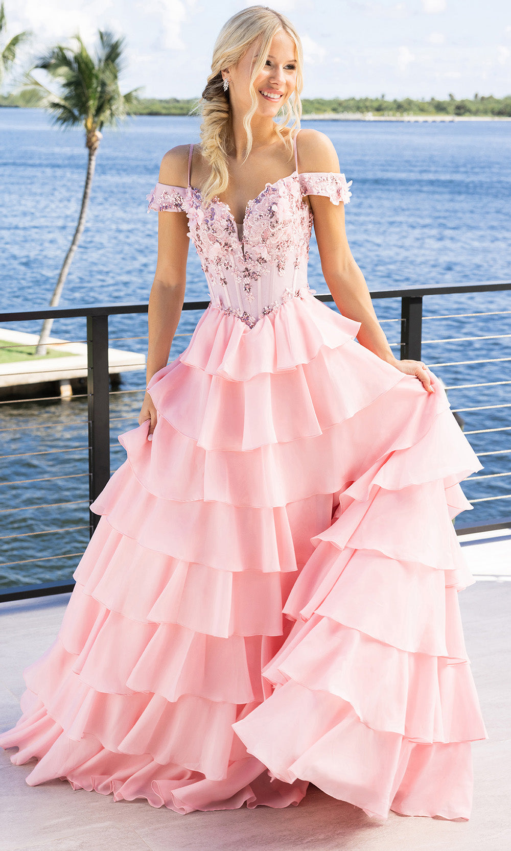 Portia and Scarlett XO171 - Off-Shoulder Tiered Ruffle Prom Gown Prom Dresses in Pink