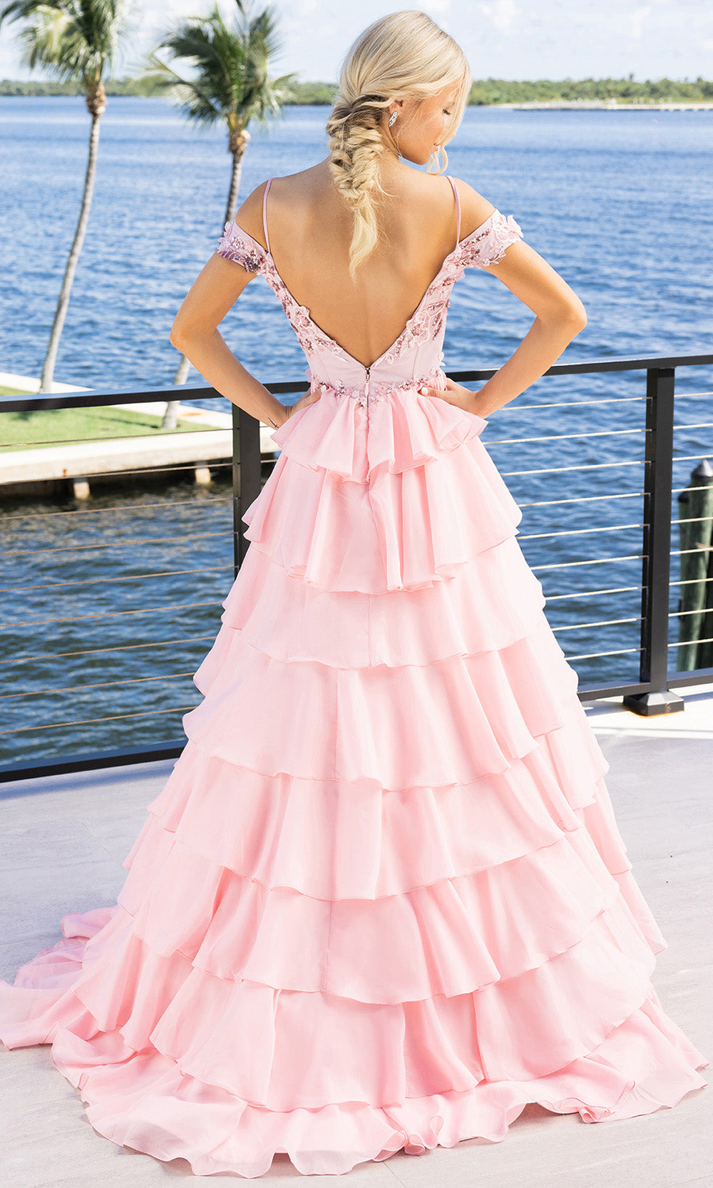 Portia and Scarlett XO171 - Off-Shoulder Tiered Ruffle Prom Gown Prom Dresses in Pink