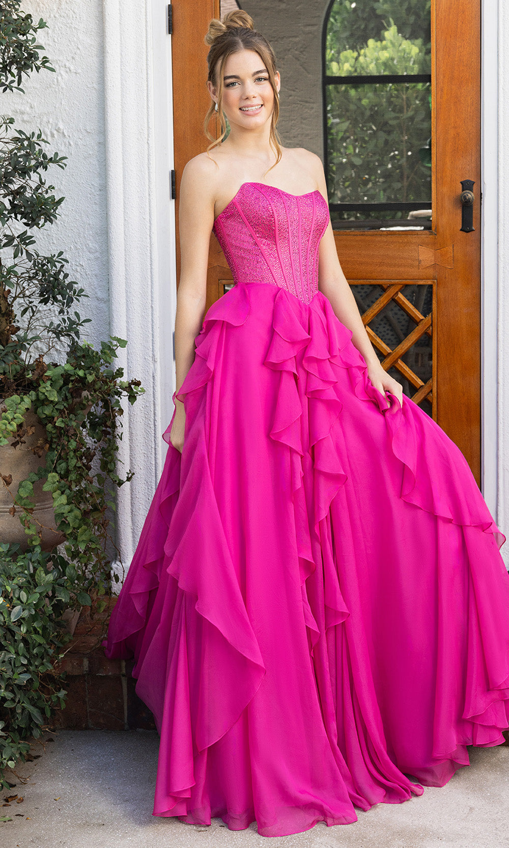 Portia and Scarlett XO174 - Ruffled Corset Sweetheart Prom Gown Prom Dresses in Fuchsia