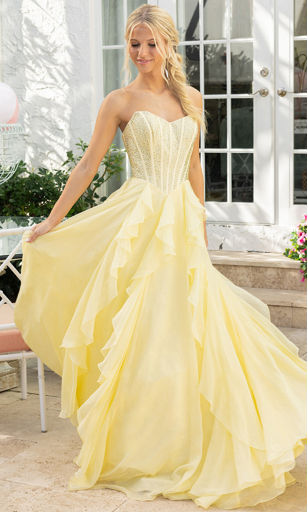 Portia and Scarlett XO174 - Ruffled Corset Sweetheart Prom Gown Prom Dresses in Yellow