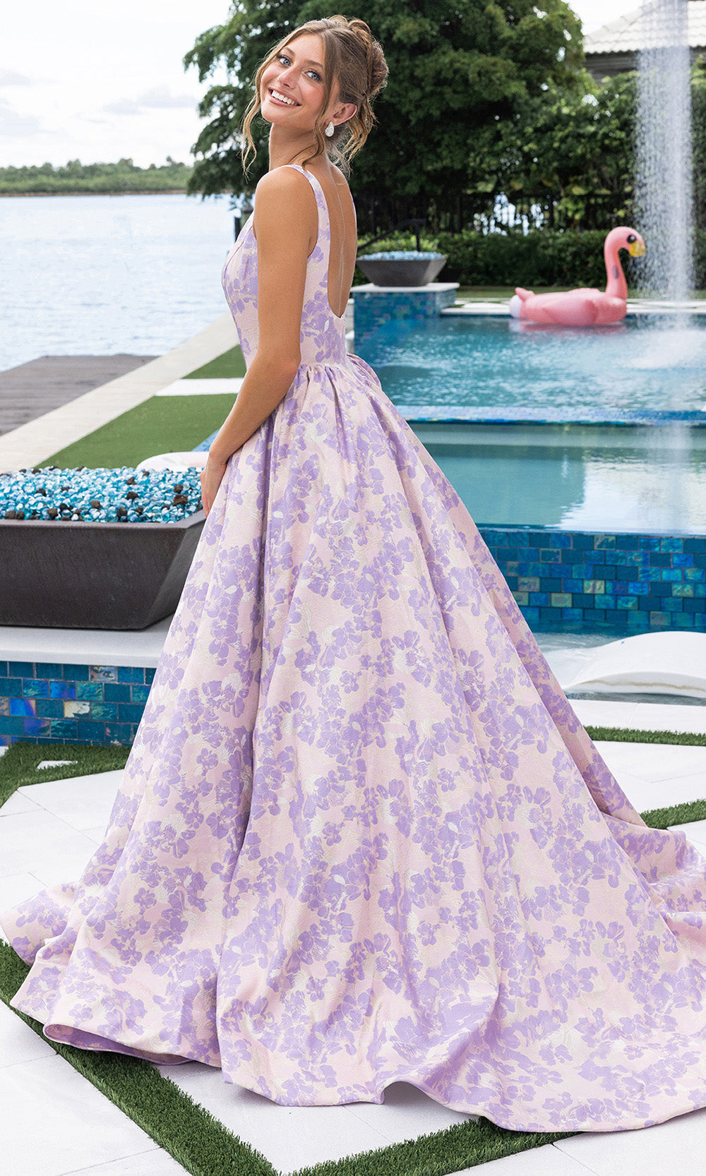 Portia and Scarlett XO185 - Floral Jacquard Square Neck Ballgown Ball Gowns in Purple