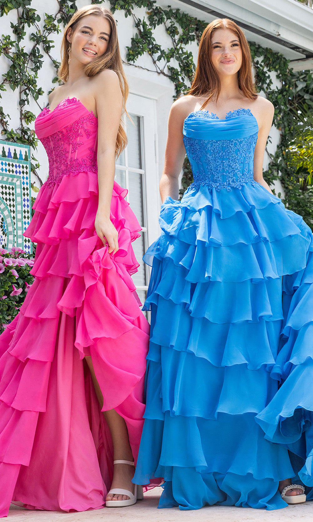 Portia and Scarlett XO189 - Embellished Lace Ruffle A Line Prom Gown Prom Dresses in Pink Teal