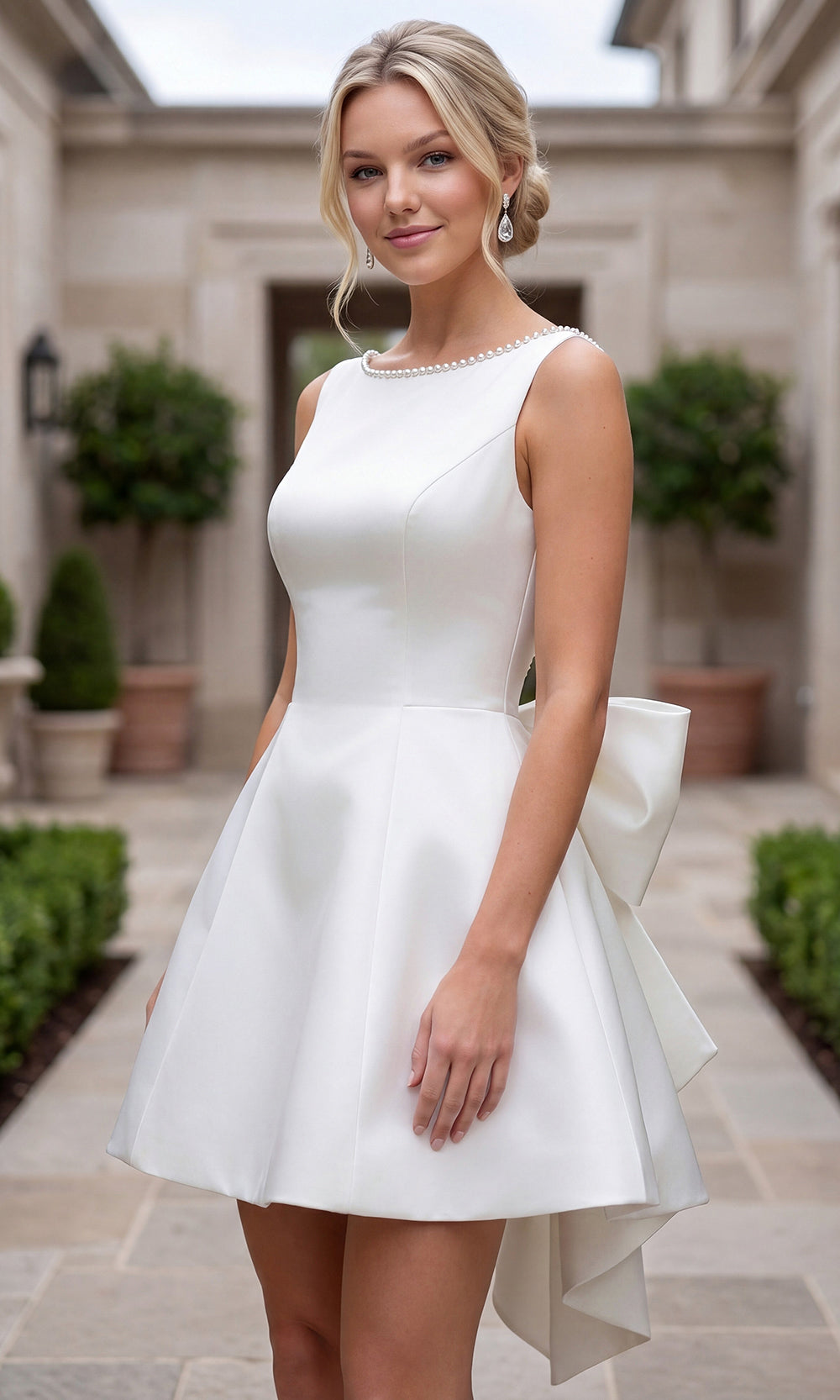 Nox Anabel Y7001W - Bateau Neck Pearl Accent A-Line Dress Cocktail Dresses in White
