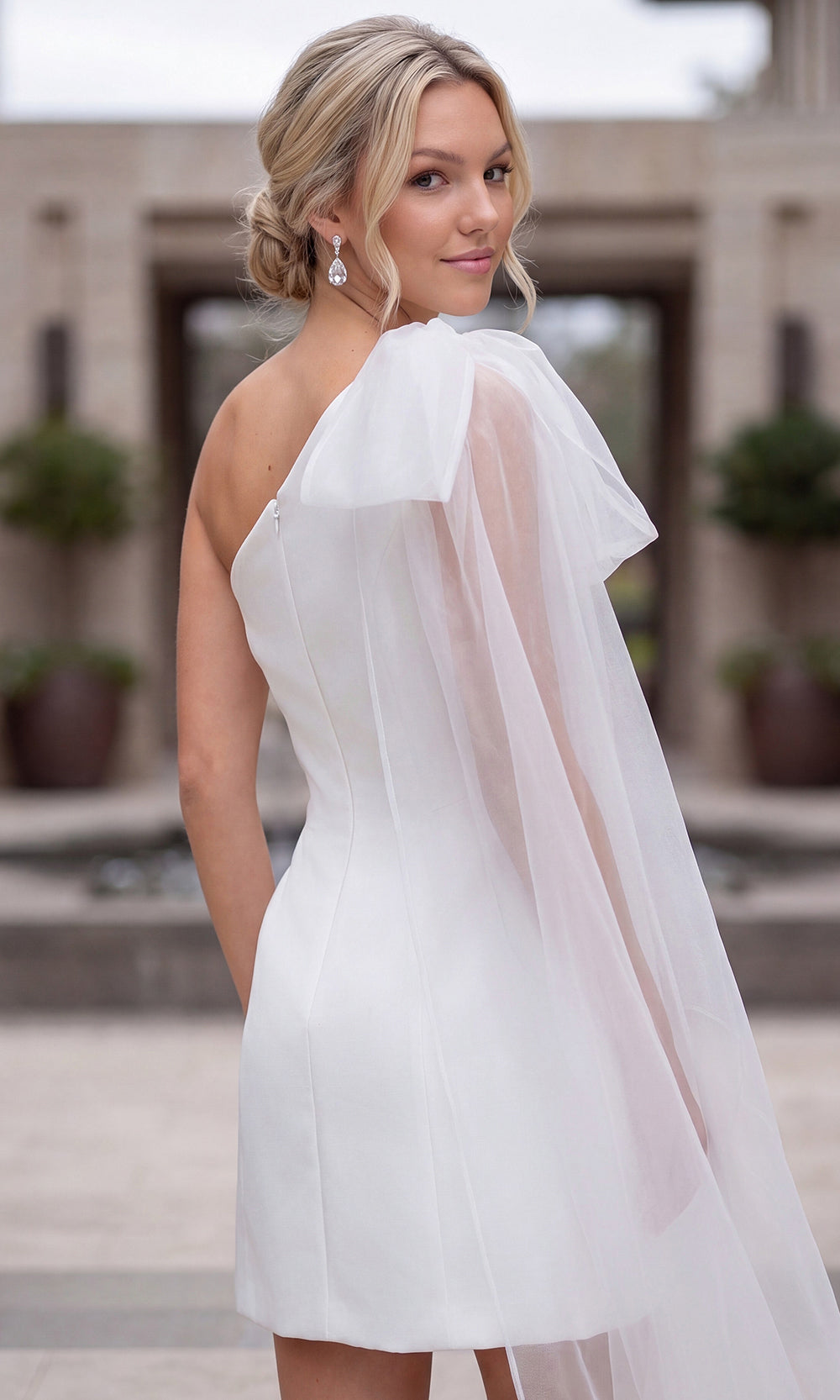 Nox Anabel Y7003W - Asymmetric Neck Oversized Bow Mini Dress Cocktail Dresses in White  