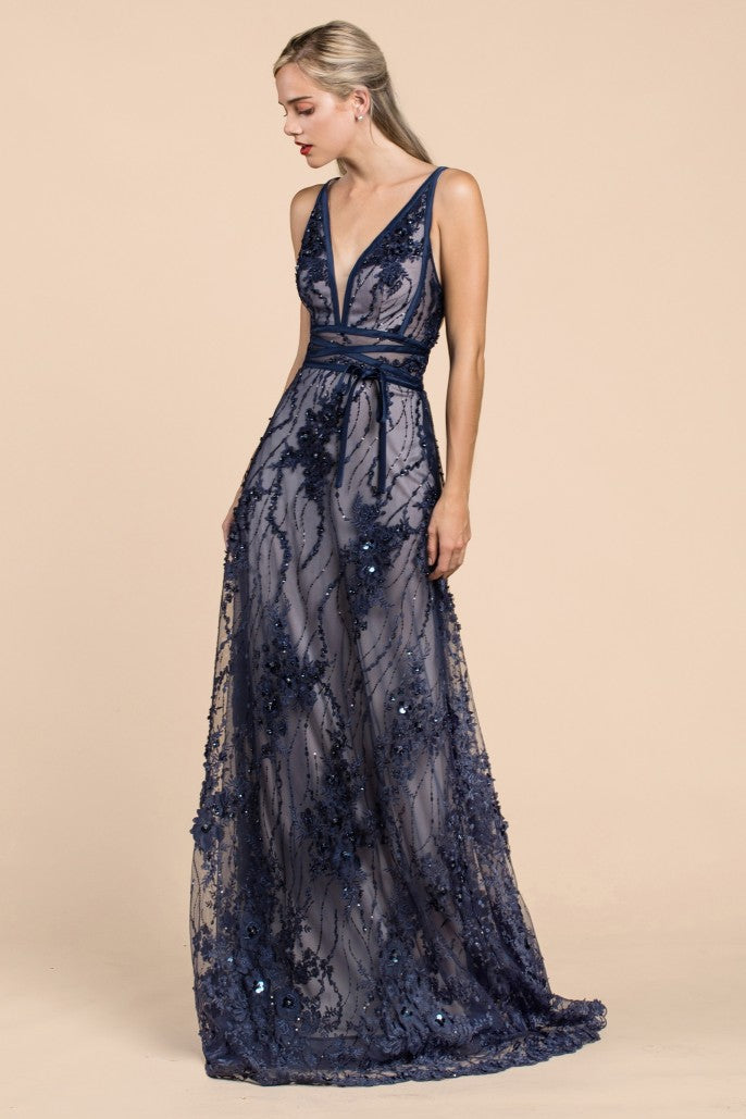 Cinderella Divine A0464 - V-Neck Laced Dress In Blue