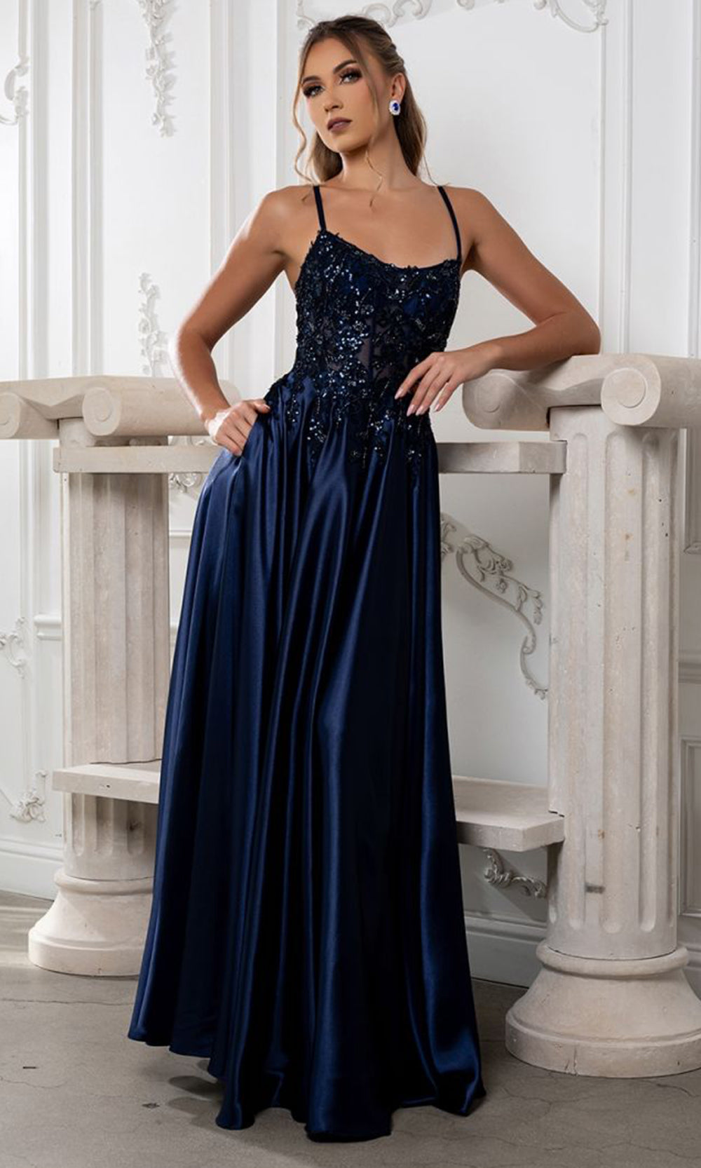 May Queen MQ2217 - Halter Neck Embroidered Evening Dress Prom Dresses in Navy 