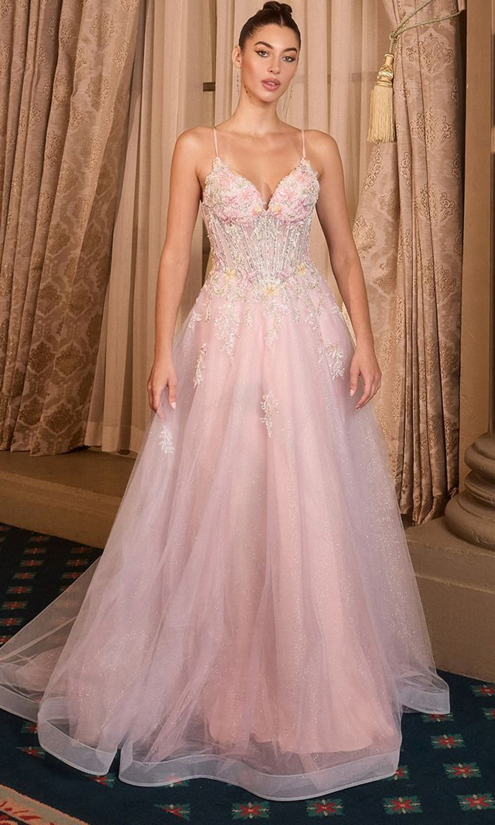 Andrea and Leo A1477 - Romantic Applique Spaghetti Strap Gown Ball Gowns