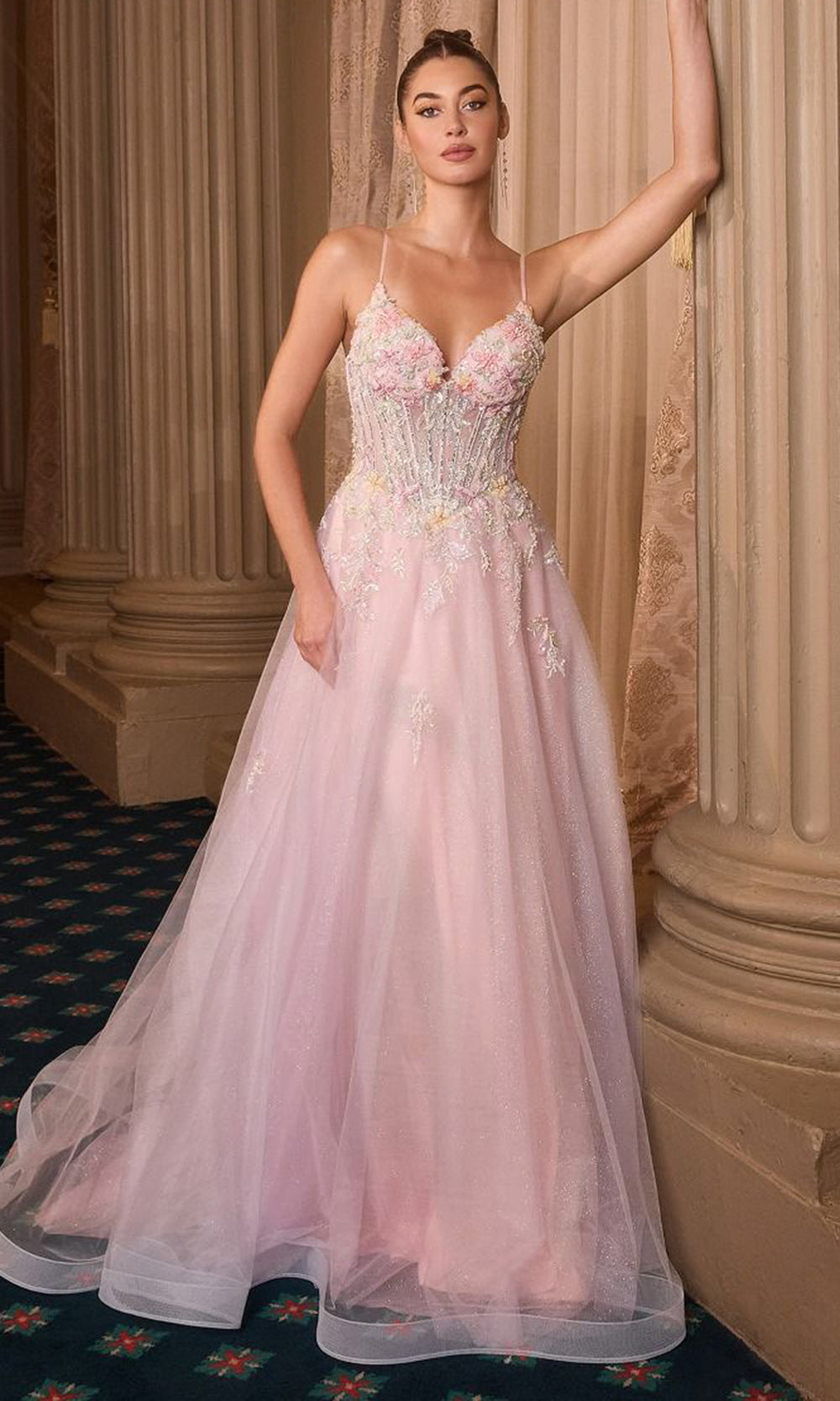 Andrea and Leo A1477 - Romantic Applique Spaghetti Strap Gown Ball Gowns
