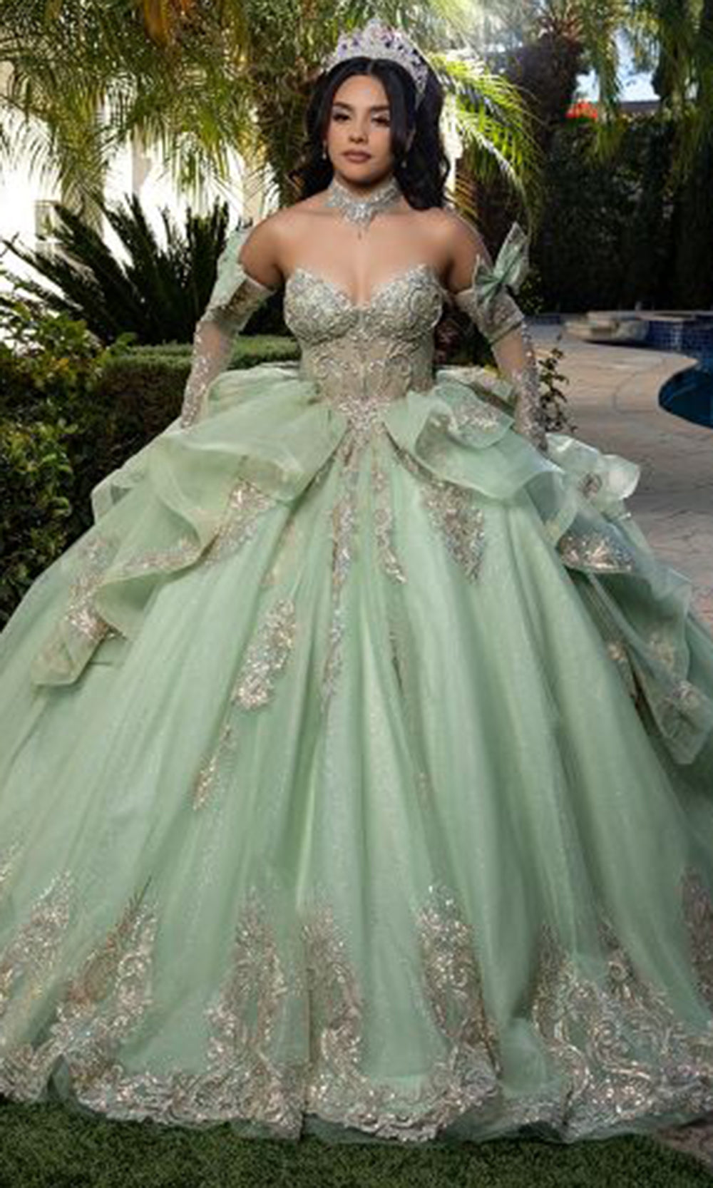 May Queen LK291 - Illusion Sleeve Beaded Applique Layered Ballgown