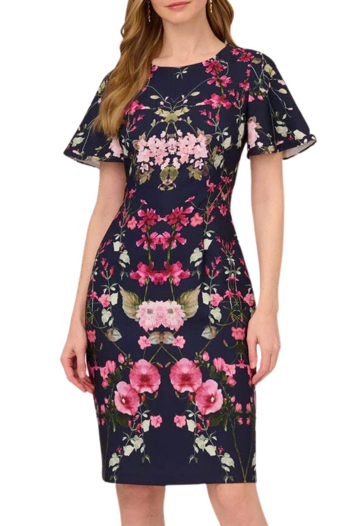 Adrianna Papell AP1D104781 - Knee-Length Crepe Sheath Dress - Floral Print, Short Flutter Sleeve, Fitted, Full Back, Concealed Zipper Closure ADASA Adrianna Papell AP1D104781 - Knee-Length Crepe Sheath Dress - Floral Print, Short Flutter Sleeve, Fitted, Full Back, Concealed Zipper Closure ADASA