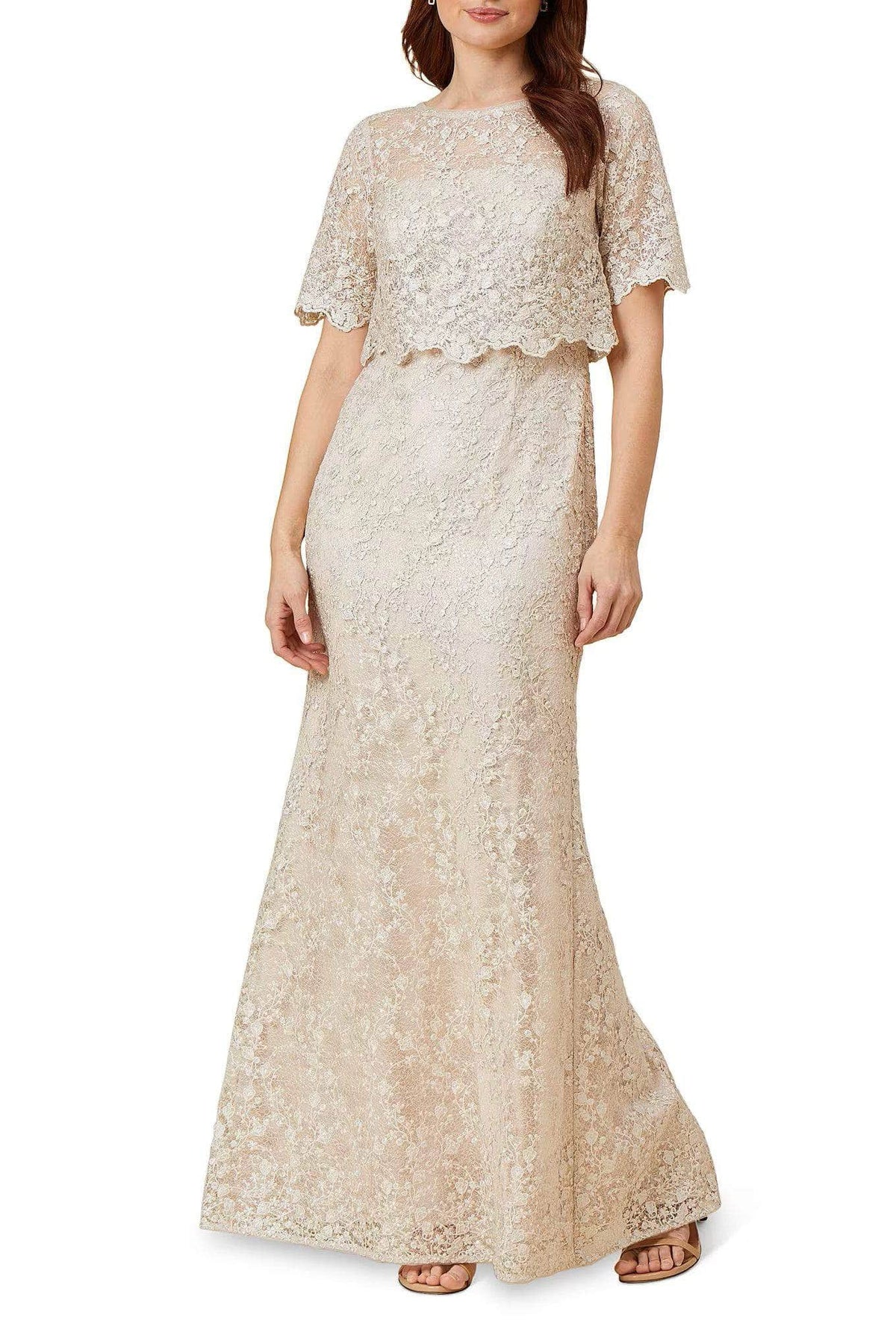 Adrianna Papell AP1E210399 P - Short Sleeve Lace Formal Gown Adrianna Papell AP1E210399 P - Short Sleeve Lace Formal Gown