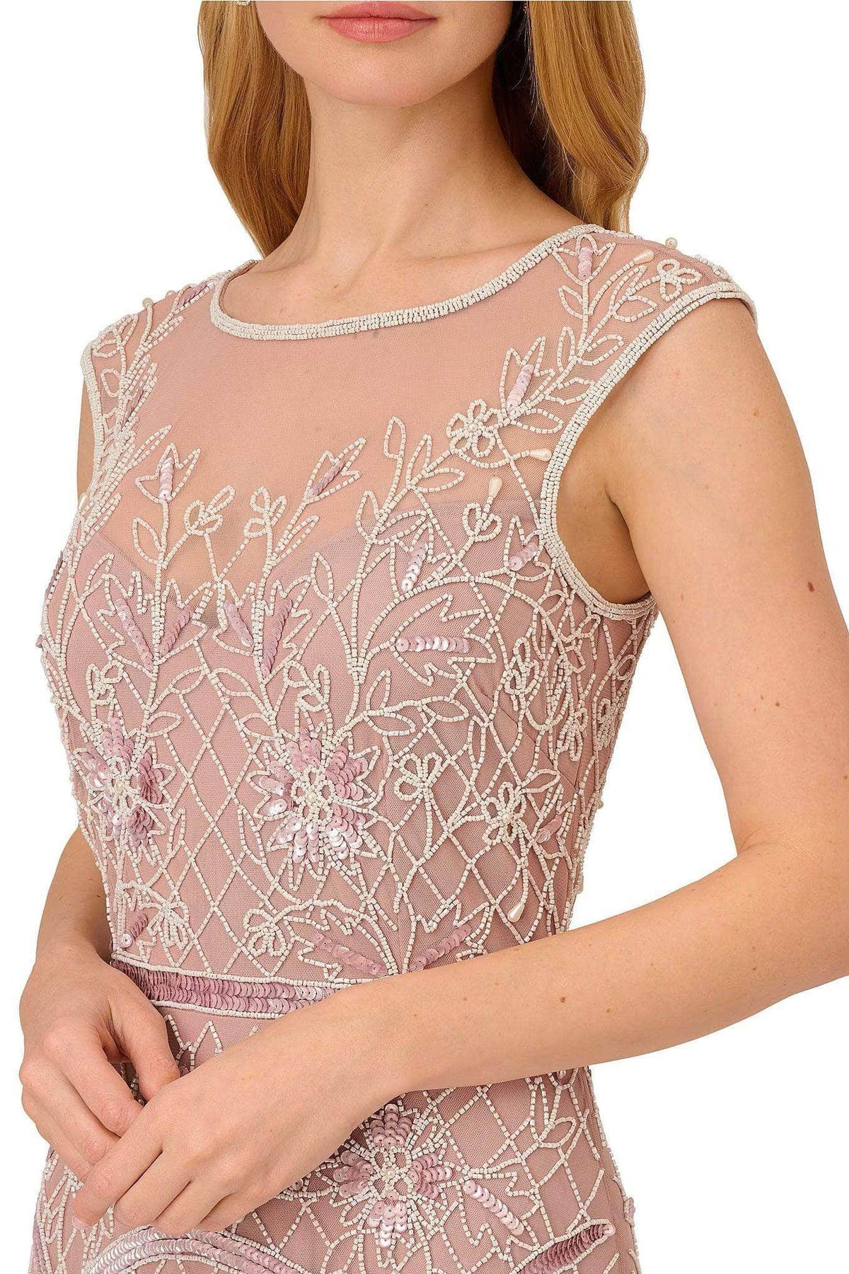 Adrianna Papell AP1E210426 P - Tea-Length Beaded Mesh A-Line Dress - Cap Sleeves, Floral Beaded, Sequined Waist, Sheer Full Back, Concealed Zipper Closure, Tea Length Hem ADASA Adrianna Papell AP1E210426 P - Tea-Length Beaded Mesh A-Line Dress - Cap Sleeves, Floral Beaded, Sequined Waist, Sheer Full Back, Concealed Zipper Closure, Tea Length Hem ADASA
