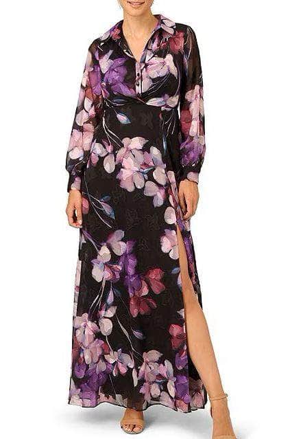 Adrianna Papell AP1E210760 - Long Georgette A-Line Dress - Long Bishop Sleeves, Button Down Bodice, Collared, Floral, High Slit, Full Back, Full Length Hem ADASA Adrianna Papell AP1E210760 - Long Georgette A-Line Dress - Long Bishop Sleeves, Button Down Bodice, Collared, Floral, High Slit, Full Back, Full Length Hem ADASA
