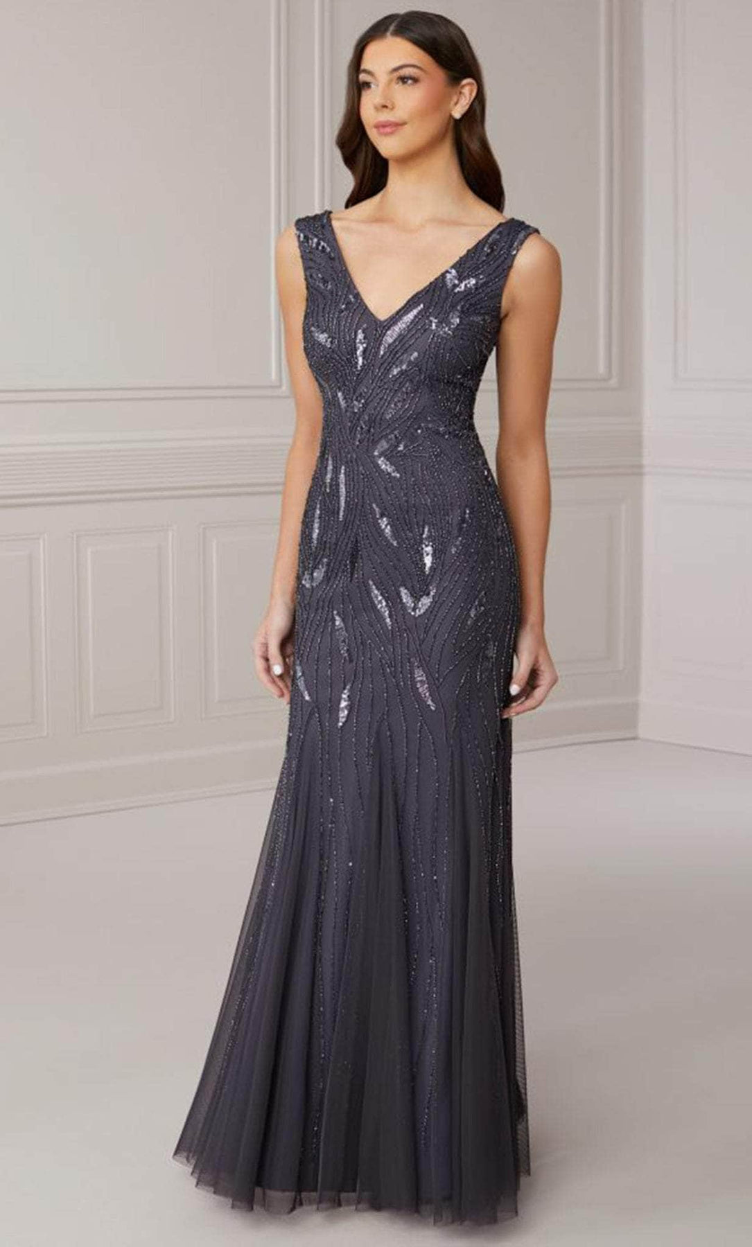 Adrianna Papell Platinum 40417 - Beaded V-Neck Evening Dress Evening Dresses 22W / Gunmetal