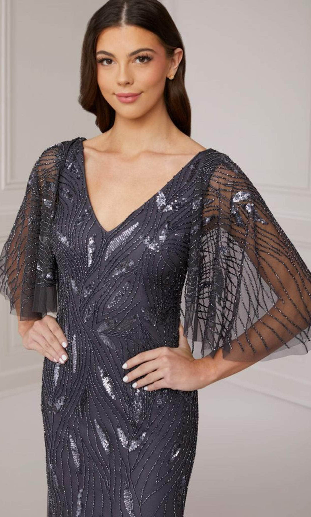 Adrianna Papell Platinum 40417 - Beaded V-Neck Evening Dress Evening Dresses 22W / Gunmetal