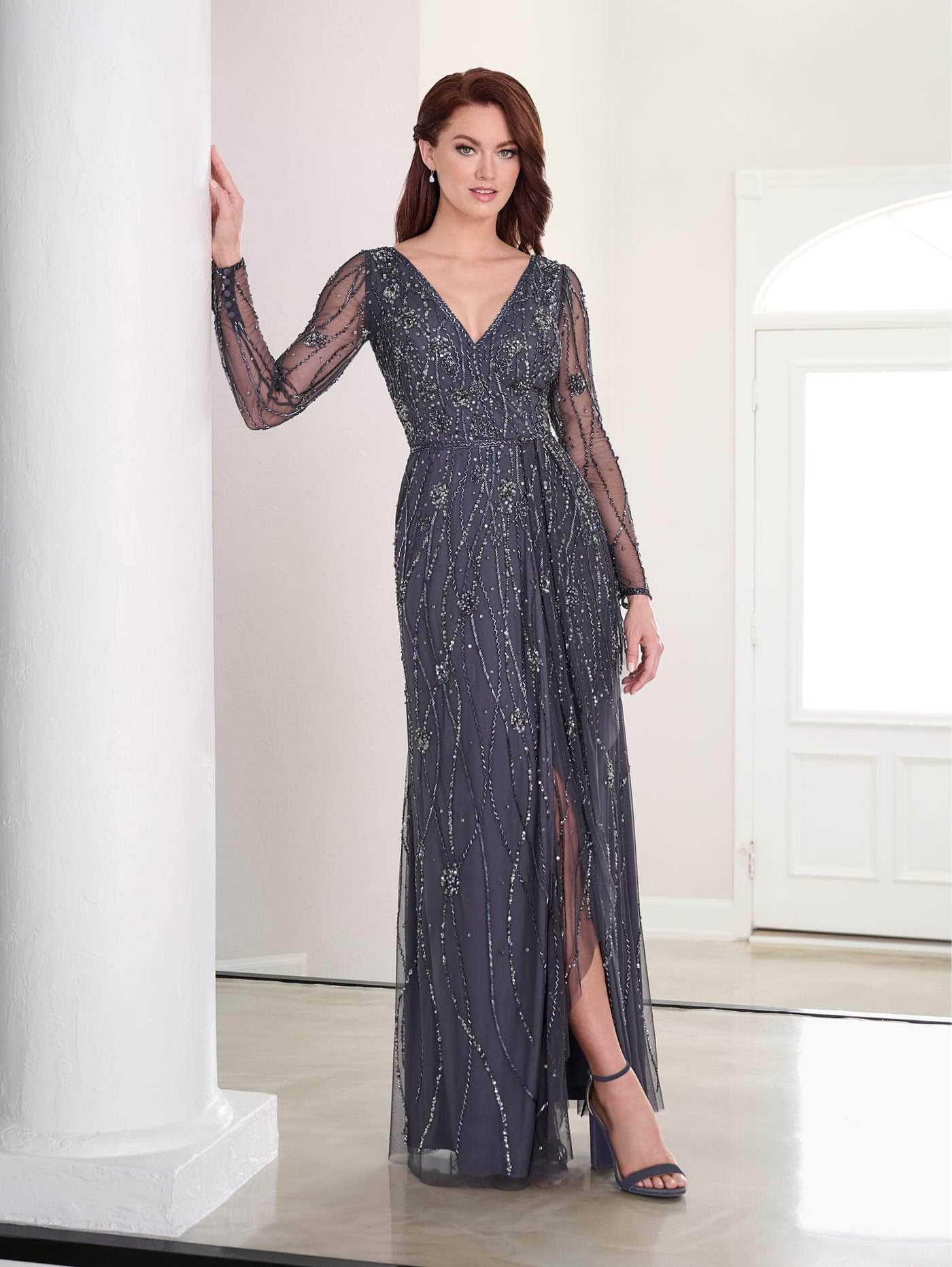 Adrianna Papell Platinum 40454 - Sheer Long Sleeve Beaded Evening Gown Special Occasion Dress