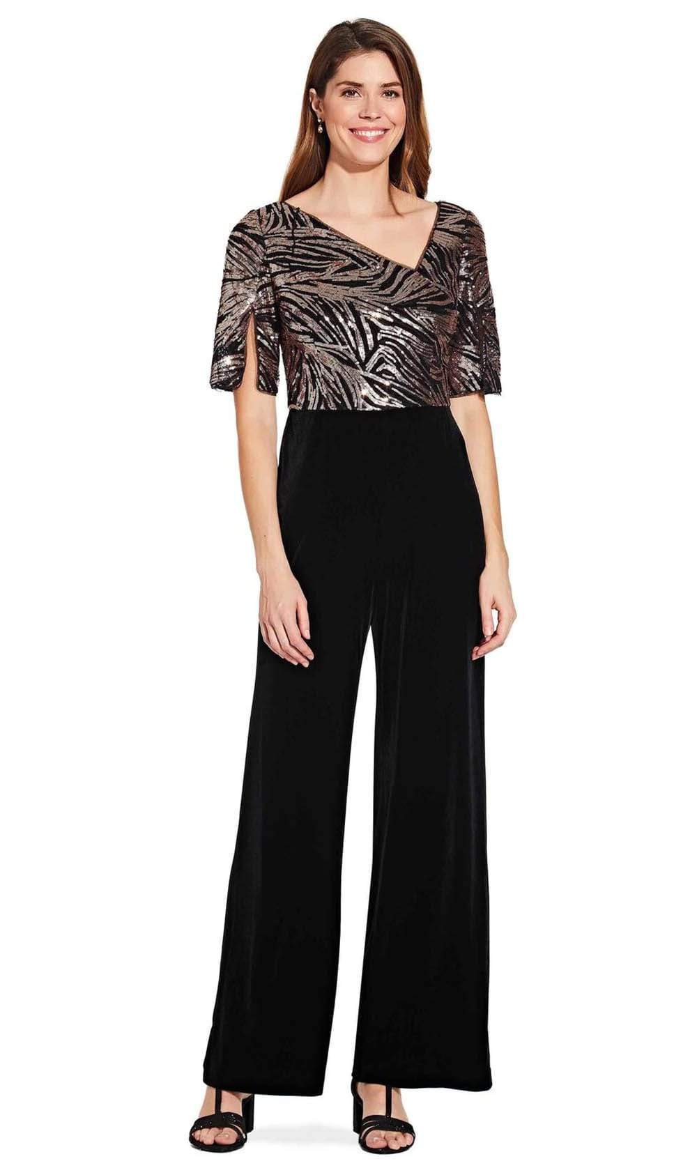 Adrianna Papell - Sequined V Neck Jumpsuit AP1E206295 - 1 pc Black Rosegold In Size 2 Available CCSALE 2 / Black Rosegold