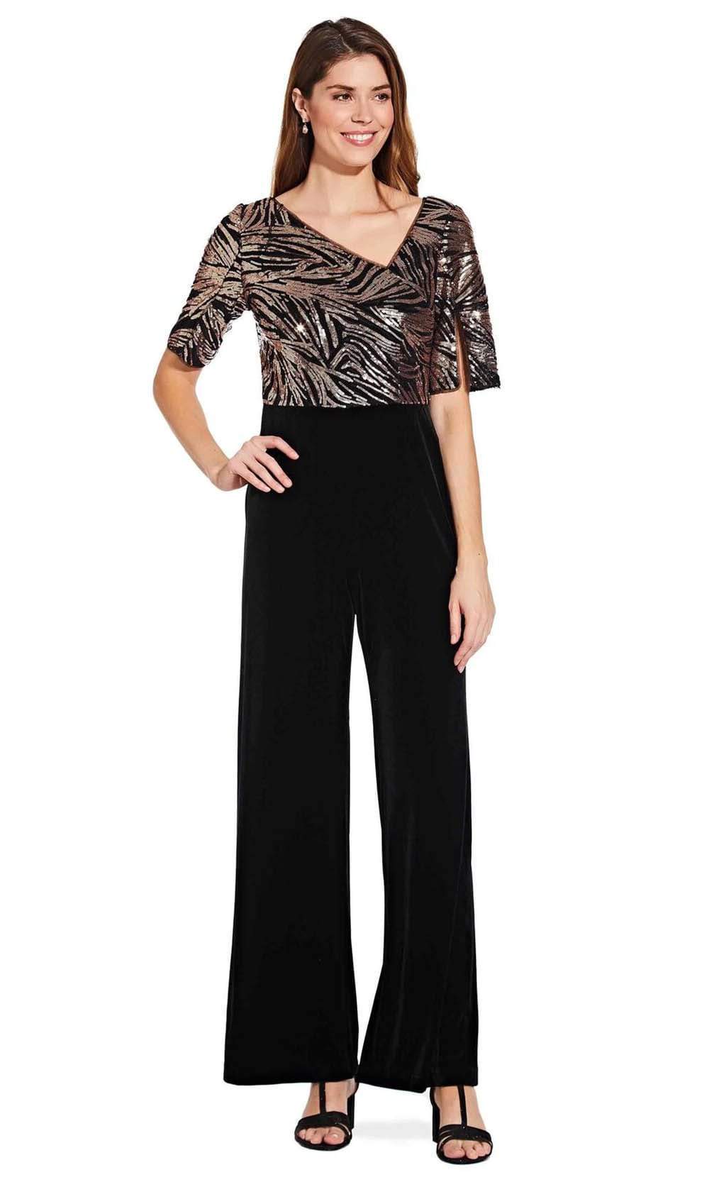 Adrianna Papell - Sequined V Neck Jumpsuit AP1E206295 - 1 pc Black Rosegold In Size 2 Available CCSALE 2 / Black Rosegold