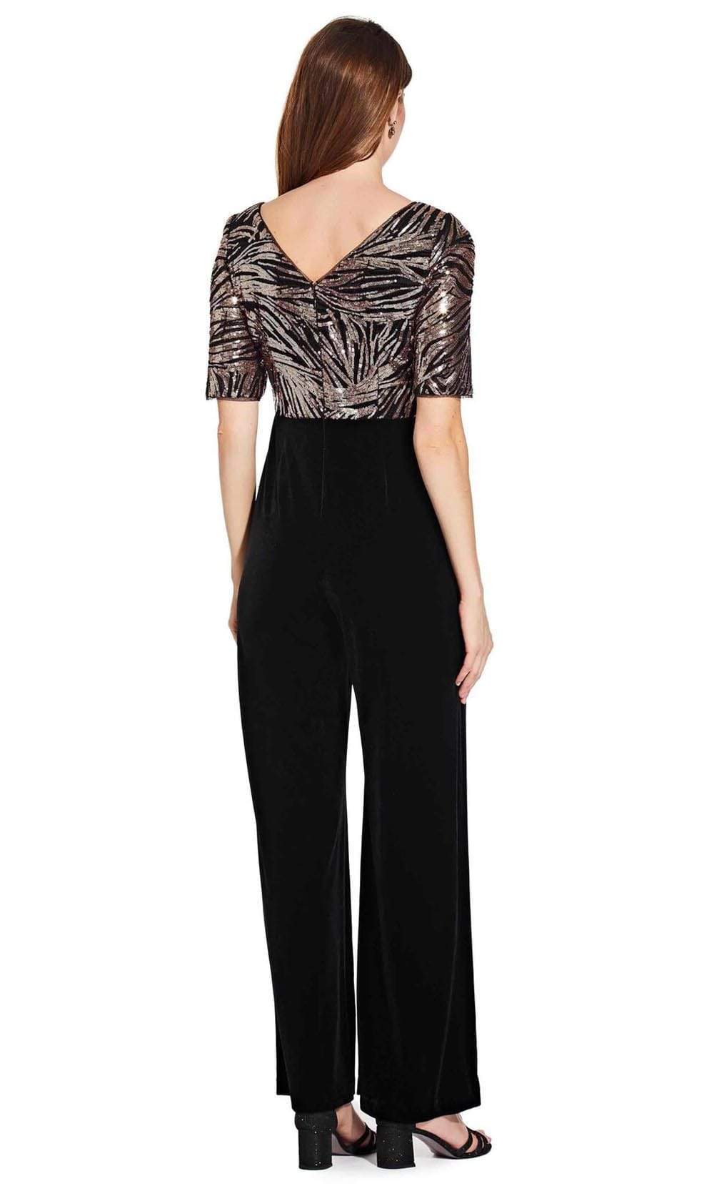 Adrianna Papell - Sequined V Neck Jumpsuit AP1E206295 - 1 pc Black Rosegold In Size 2 Available CCSALE 2 / Black Rosegold