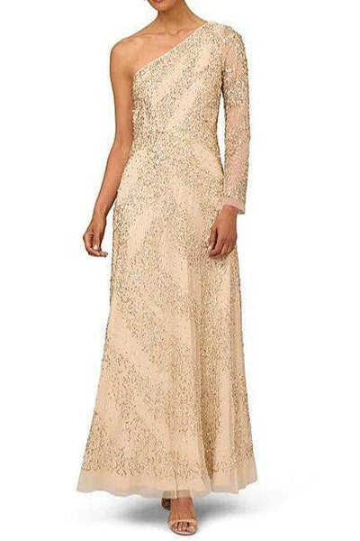 Aidan Mattox MD1E208423 - Long Beaded A-Line Dress - Sheer Long Sleeve, Beaded, Side Zipper Closure, Full Length Hem – ADASA