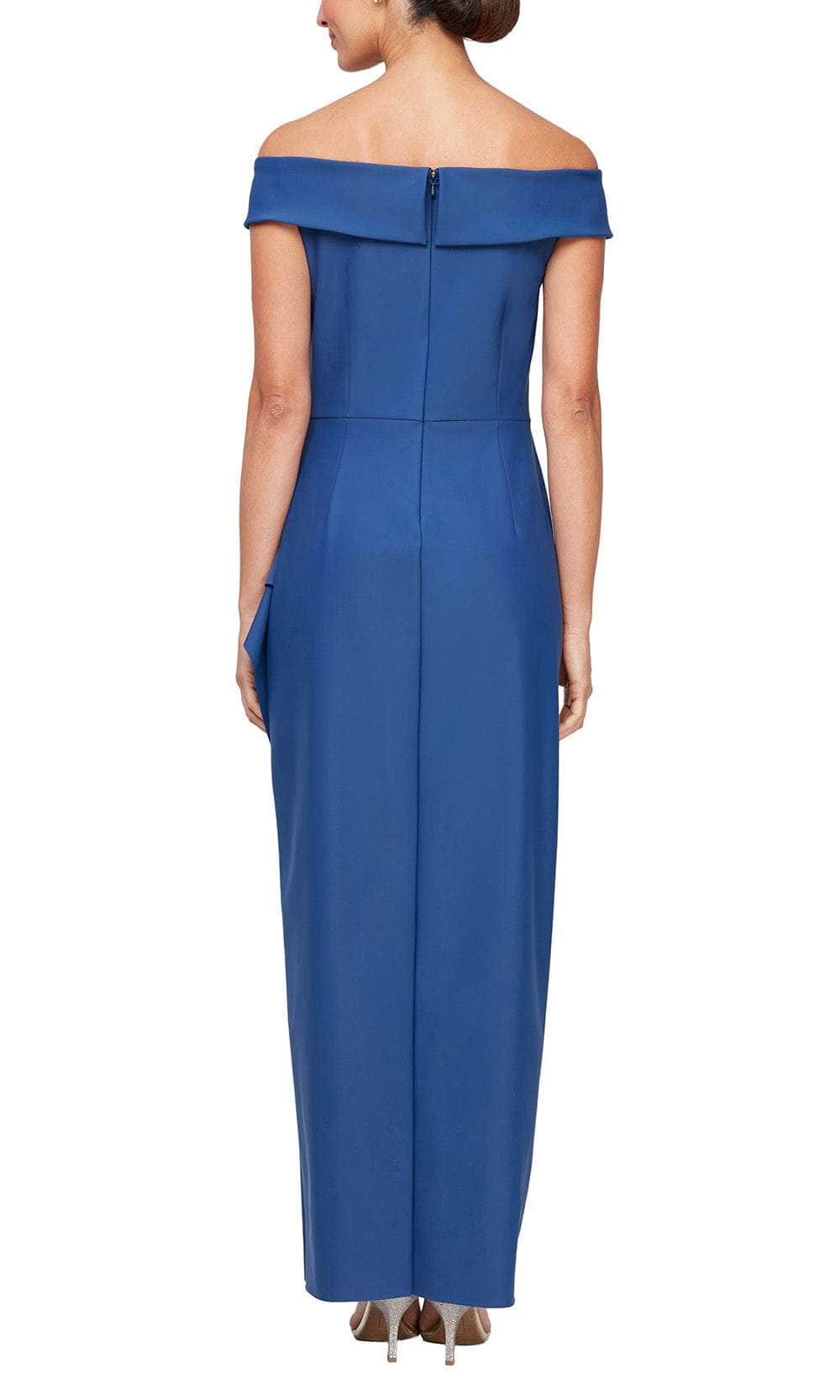 Alex Evenings Short Off-The-Shoulder Compression Sheath Dress with Cascade Detail Skirt NAVY / 4 Alex Evenings Short Off-The-Shoulder Compression Sheath Dress with Cascade Detail Skirt NAVY / 4