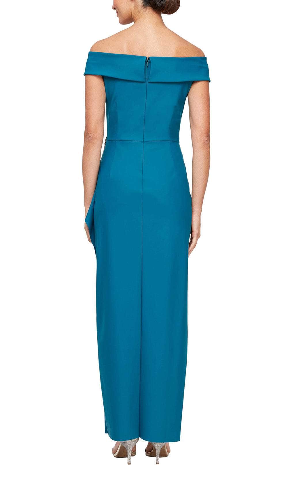 Alex Evenings Short Off-The-Shoulder Compression Sheath Dress with Cascade Detail Skirt NAVY / 4 Alex Evenings Short Off-The-Shoulder Compression Sheath Dress with Cascade Detail Skirt NAVY / 4