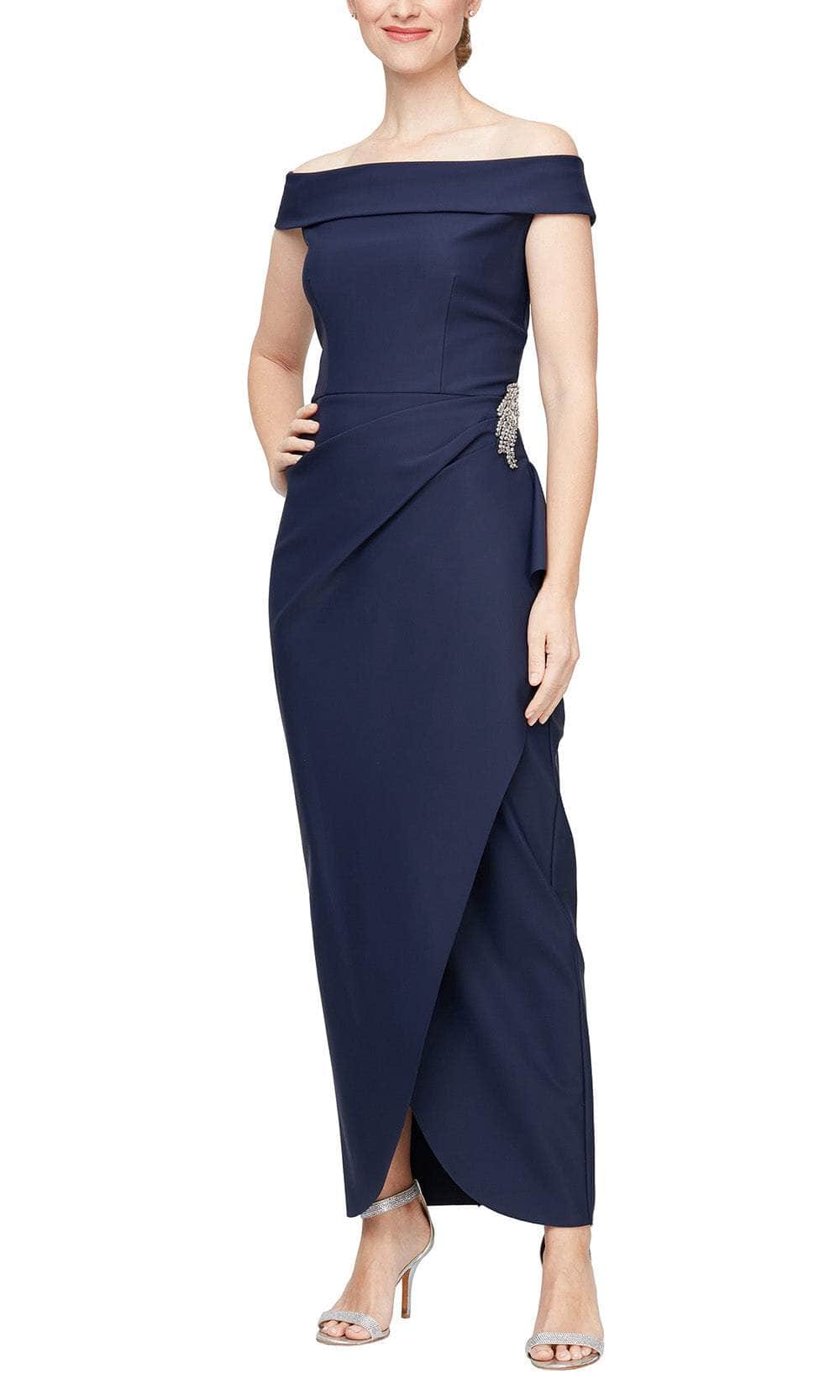 Alex Evenings Short Off-The-Shoulder Compression Sheath Dress with Cascade Detail Skirt NAVY / 4 Alex Evenings Short Off-The-Shoulder Compression Sheath Dress with Cascade Detail Skirt NAVY / 4