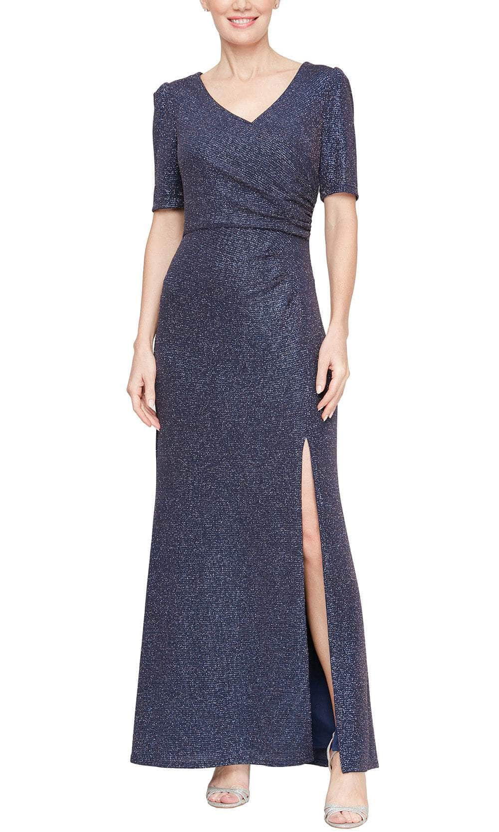 Alex Evenings 8127851 - V-Neck Side Slit Formal Gown Evening Dresses 2 / Navy/Gold