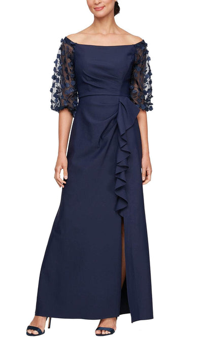 Alex Evenings 8134409 - Ruffle Draped Off Shoulder Formal Gown Mother of the Bride Dresses 2 / Navy