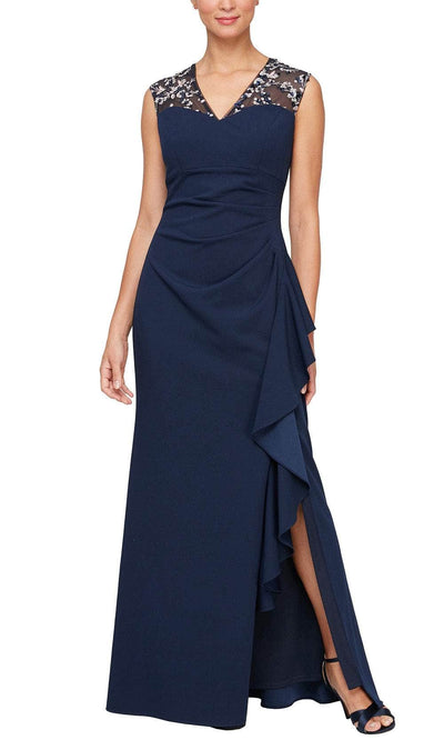 Alex Evenings 8160409 - Illusion Appliqued Evening Gown Evening Dresses 4 / Navy / Pink