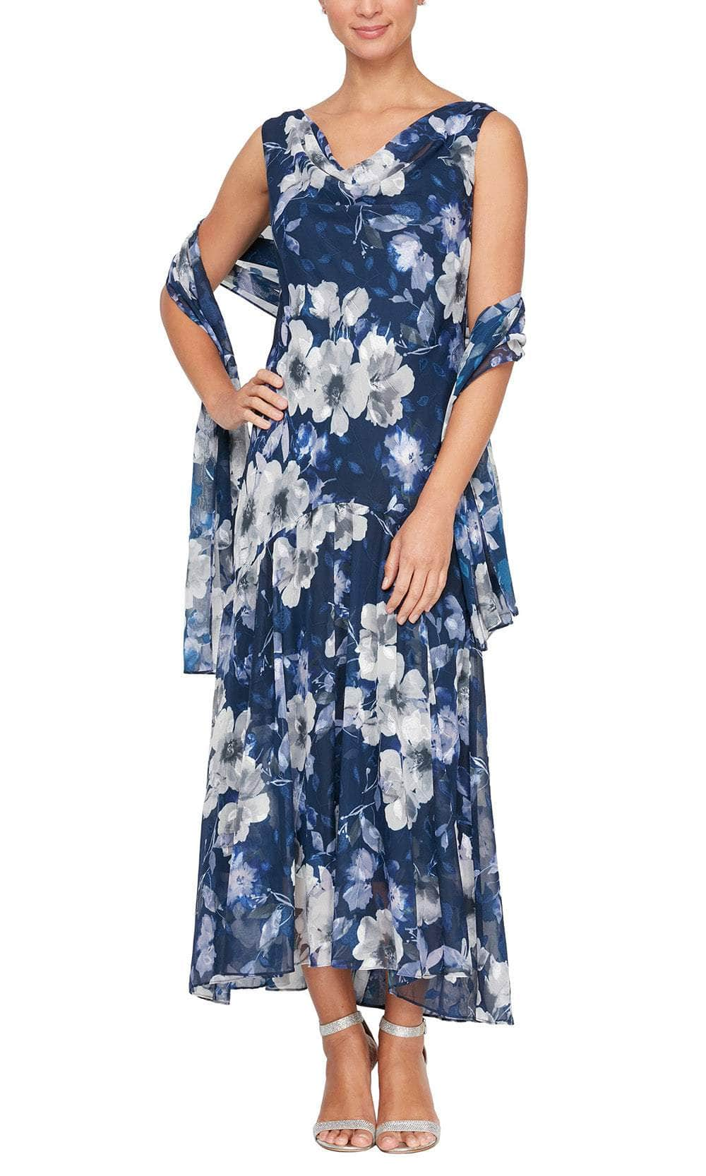 Alex Evenings 8175903 - Printed Tea Length Formal Dress Cocktail Dresses 4 / Navy Multi