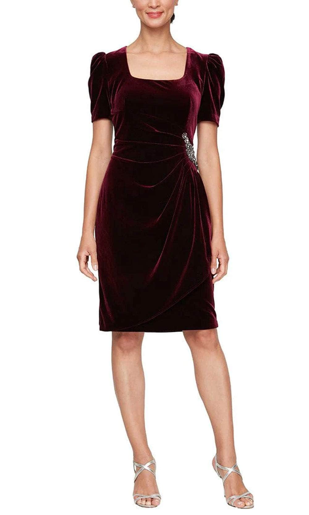 Alex Evenings 8191959 - Ruched Detailed Cocktailk Dress Wedding Guest 2 / Wine