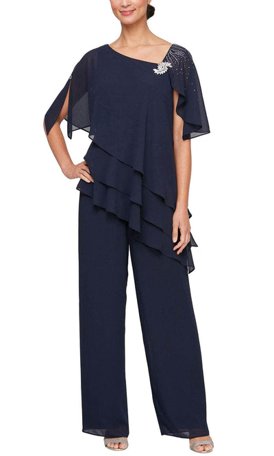 Alex Evenings 8192012 - Asymmetric Neck Tiered Pantsuit Formal Pantsuits 4 / Navy