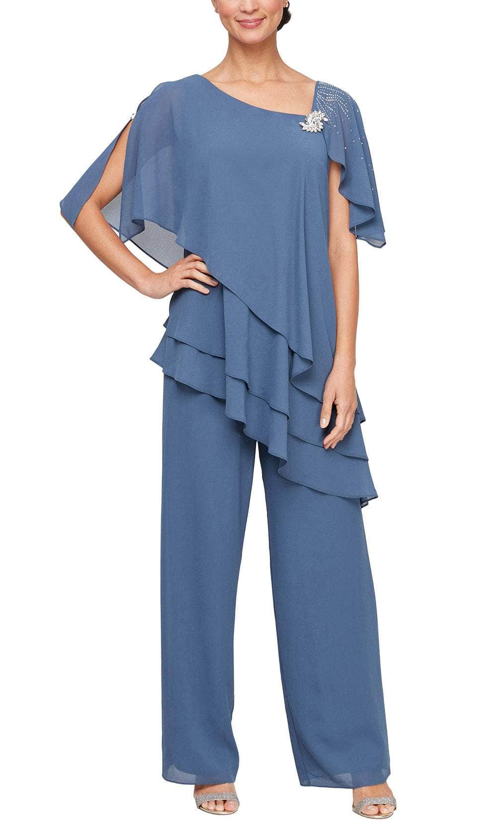 Alex Evenings 8192012 - Asymmetric Neck Tiered Pantsuit Formal Pantsuits 4 / Wedgewood