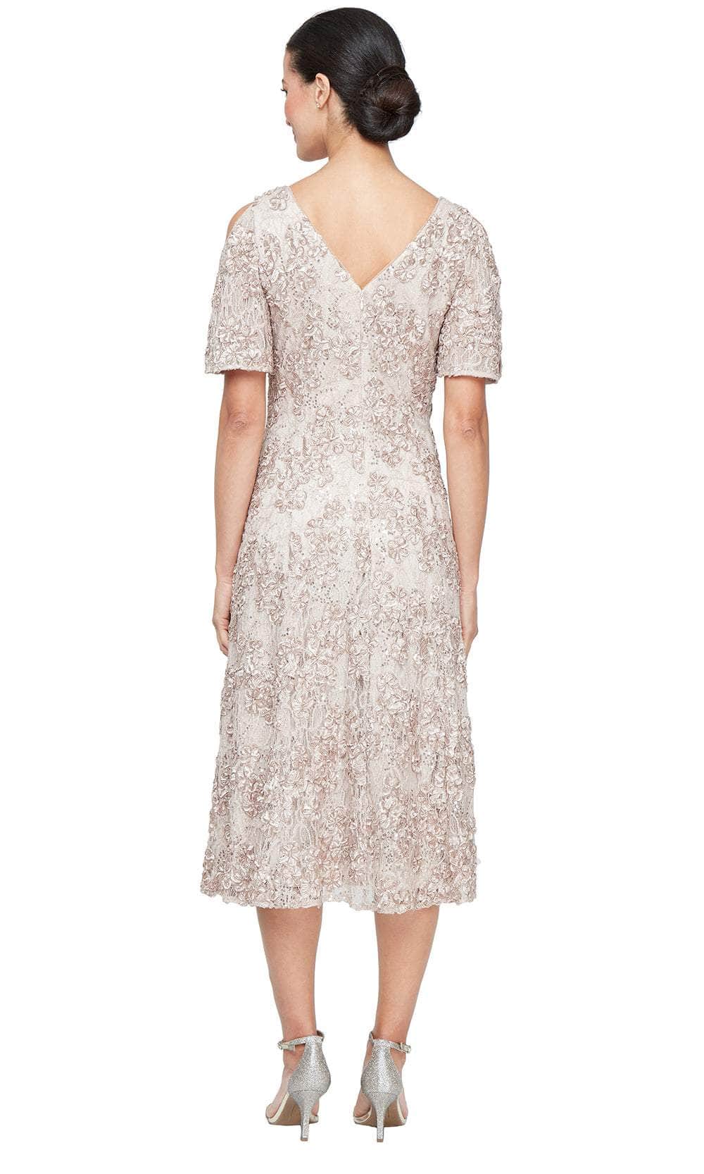 Alex Evenings 82122693 - Cold Shoulder Soutache Lace Tea-Length Dress Semi Formal