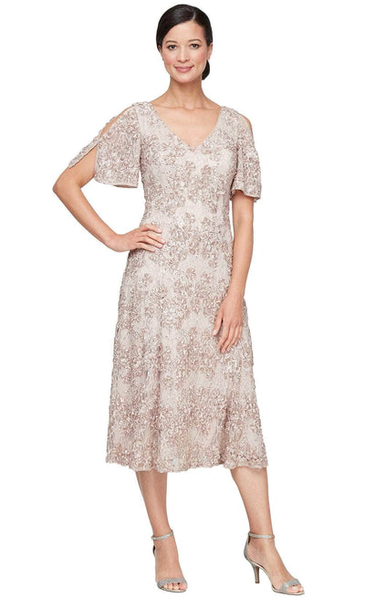 Alex Evenings 82122693 - Cold Shoulder Soutache Lace Tea-Length Dress Semi Formal