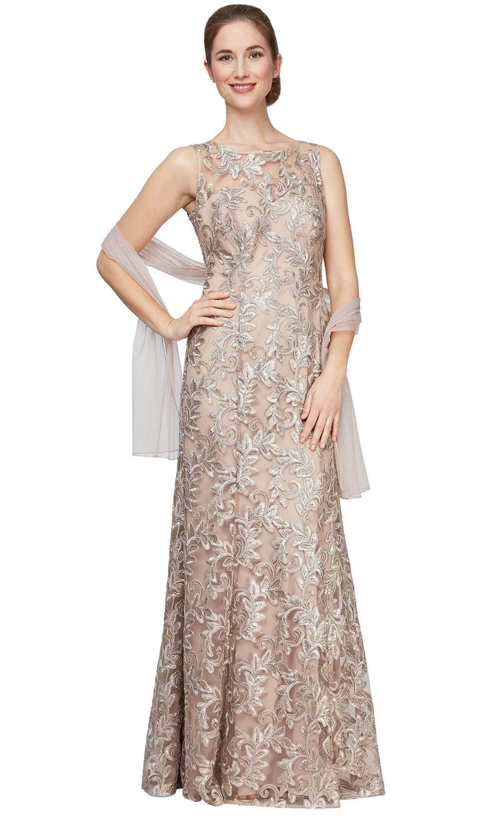 Alex Evenings 82171112 - Embroidered Sleeveless Sheath Gown with Shawl Evening Dresses