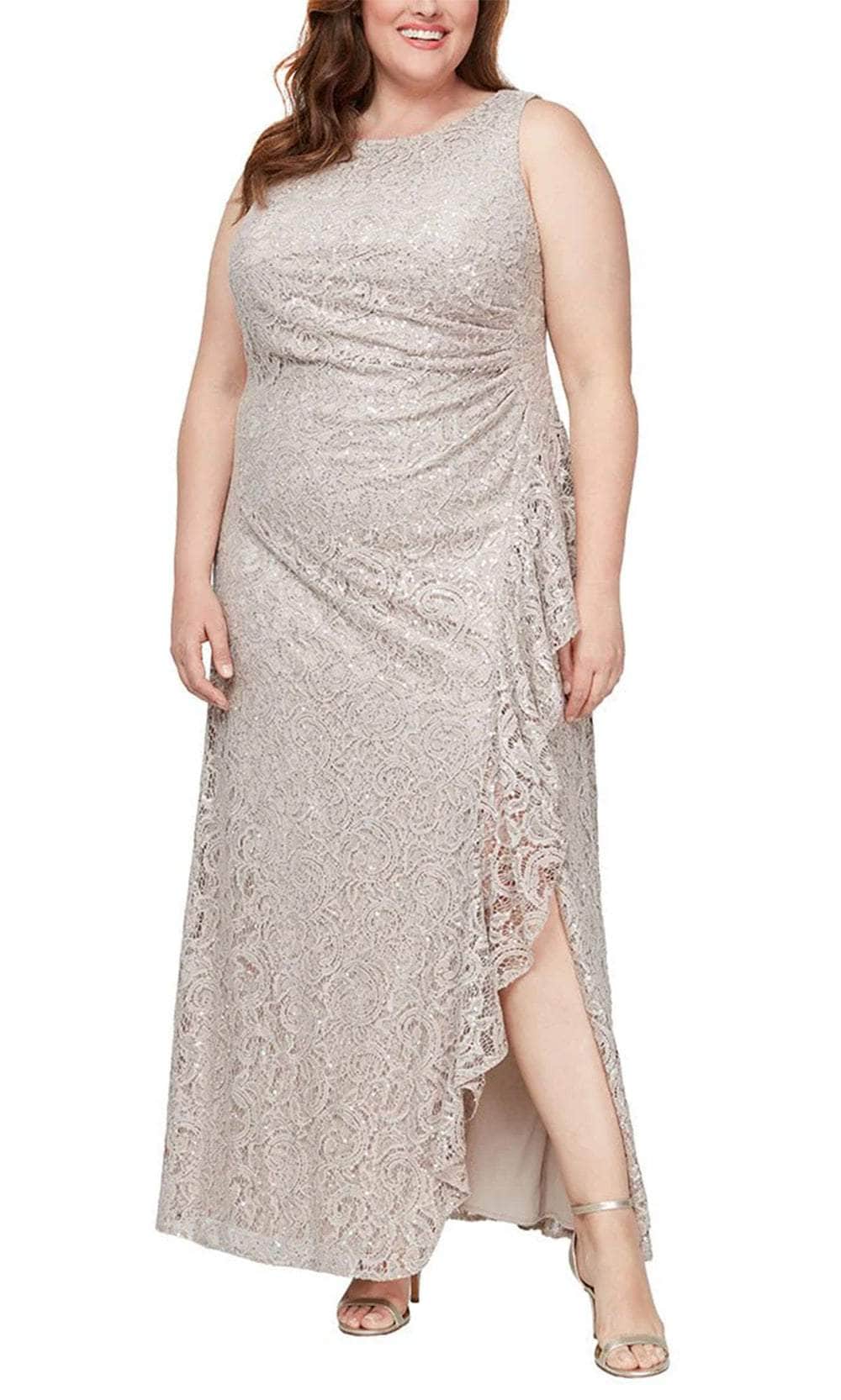 Alex Evenings 84122434 - Ruffled Slit Evening Dress Mother of the Bride Dresses 14W / Buff