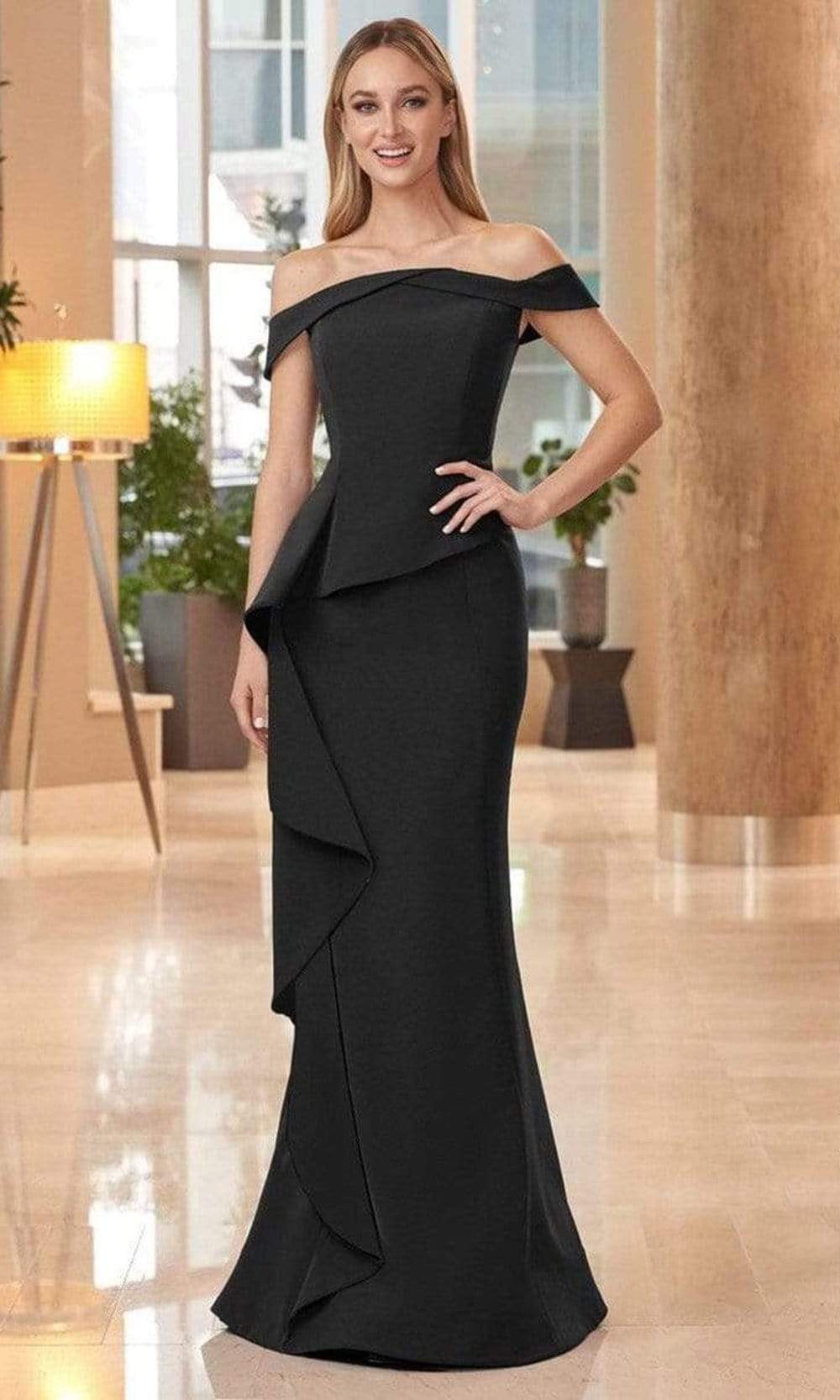 Alexander by Daymor - 1060 Off-Shoulder Ruffled Skirt Trumpet Gown Mother of the Bride Dresses 0 / Black