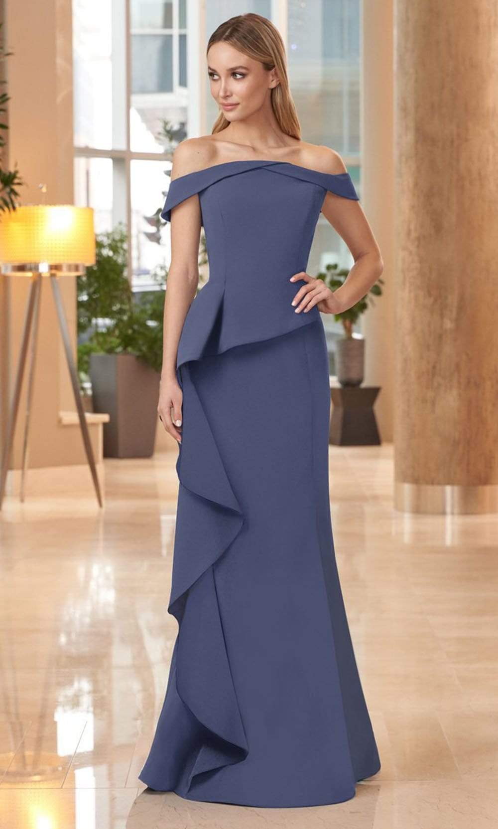 Alexander by Daymor - 1060 Off-Shoulder Ruffled Skirt Trumpet Gown Mother of the Bride Dresses 0 / Delphi Blue