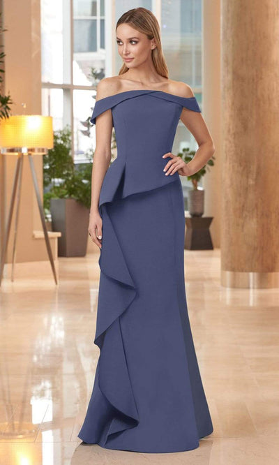 Alexander by Daymor - 1060 Off-Shoulder Ruffled Skirt Trumpet Gown Mother of the Bride Dresses 0 / Delphi Blue