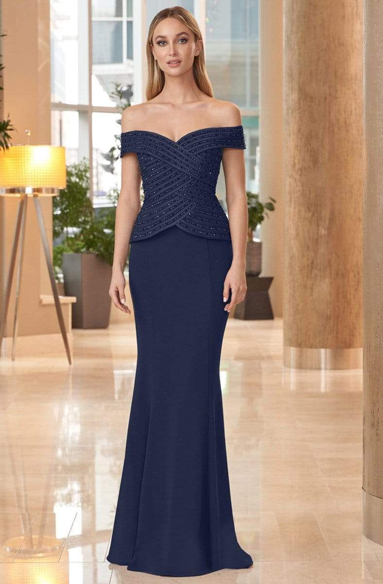 Alexander by Daymor - 1062 Embellished Bodice Off-Shoulder Trumpet Gown Mother of the Bride Dresses 0 / Midnite