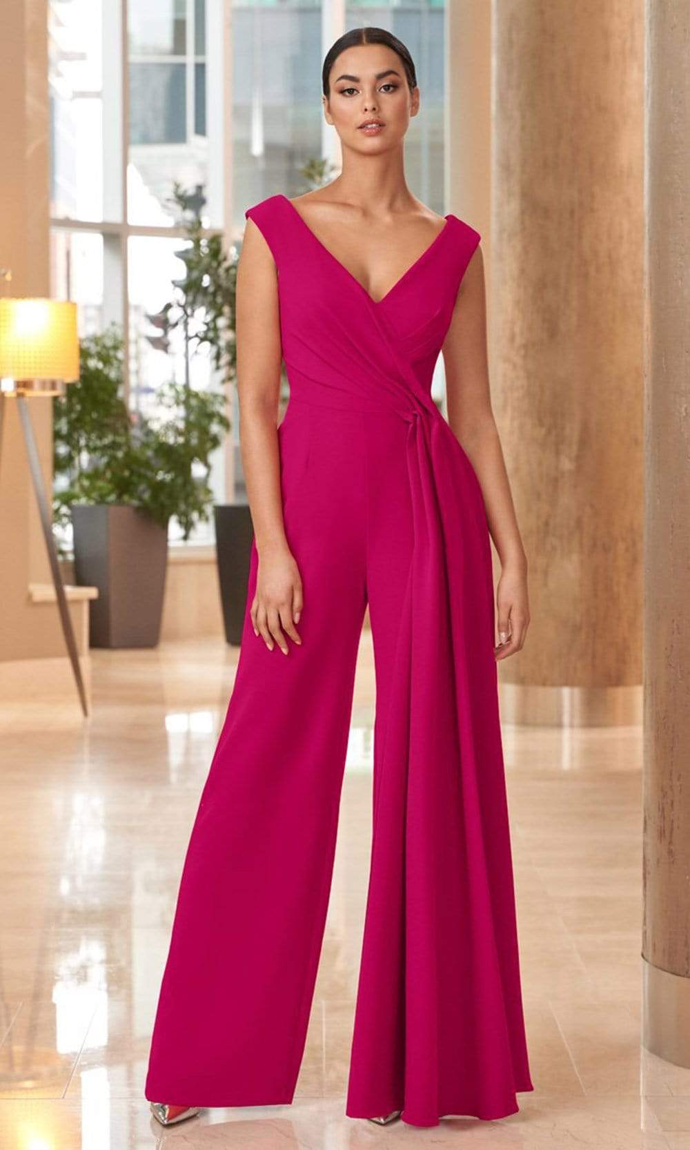Alexander by Daymor - 1063 Deep V-Neckline Long Jumpsuit Mother of the Bride Dresses 0 / Fuschia